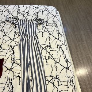 Blue and white long pant romper